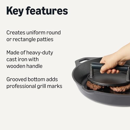 Amazon Basics Cast Iron Burger Press with Wooden Handle, Grooved Bottom, 6.8 inch Round & 11.3 x 8.3 inch Rectangle, Black, 2-Pack view 2
