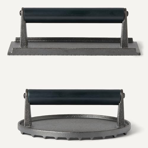 Amazon Basics Cast Iron Burger Press with Wooden Handle, Grooved Bottom, 6.8 inch Round & 11.3 x 8.3 inch Rectangle, Black, 2-Pack view 3