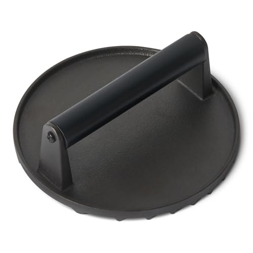Amazon Basics Cast Iron Burger Press with Wooden Handle, Round, 6.8 x 6.8 x 2.7 inch, Black, 1-Pack