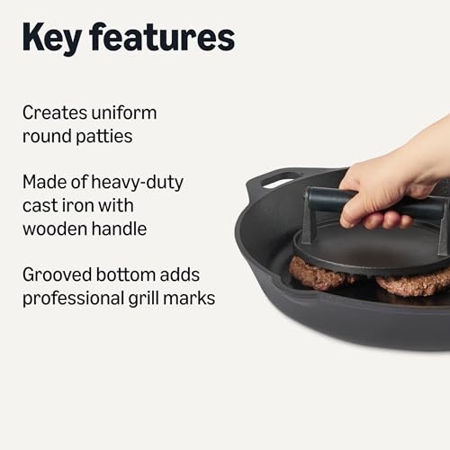 Amazon Basics Cast Iron Burger Press with Wooden Handle, Round, 6.8 x 6.8 x 2.7 inch, Black, 1-Pack view 2