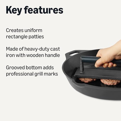 Amazon Basics Cast Iron Burger Press with Wooden Handle, Rectangle, 8.11 x 4.2 x 2.7 inch, Black, 1-Pack view 2
