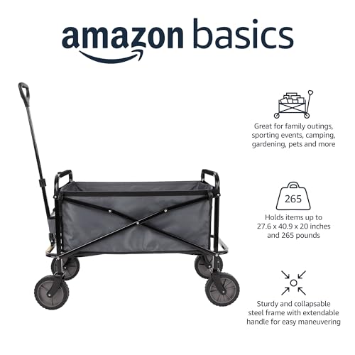 Amazon Basics Collapsible Folding Heavy Duty Utility Wagon for Outdoor Sports, 265 pounds Weight Capacity, Camping, Garden, and Shopping, 27.6 x 40.9 x 20 inches, Gray