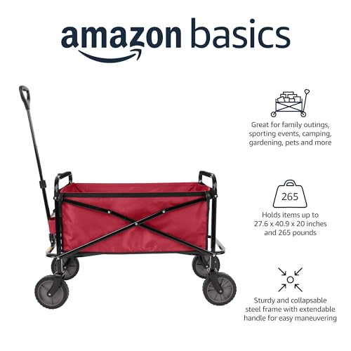 Amazon Basics Collapsible Folding Heavy Duty Utility Wagon for Outdoor Sports, 265 pounds Weight Capacity, Camping, Garden, and Shopping, 27.6 x 40.9 x 20 inches, Red