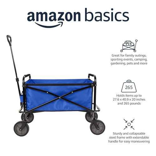 Amazon Basics Collapsible Folding Heavy Duty Utility Wagon for Outdoor Sports, 265 pounds Weight Capacity, Camping, Garden, and Shopping, 27.6 x 40.9 x 20 inches, Blue