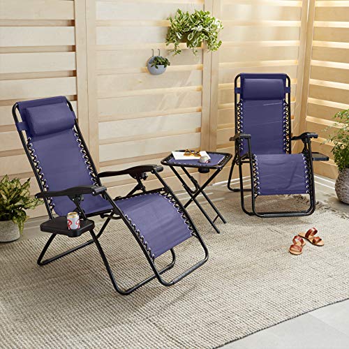 Amazon Basics Outdoor Adjustable Zero Gravity Folding Reclining Lounge Chair with Cup Holder, Headrest Pillow, Detachable Side Table, Weather Resistant, Set of 2, Blue view 2