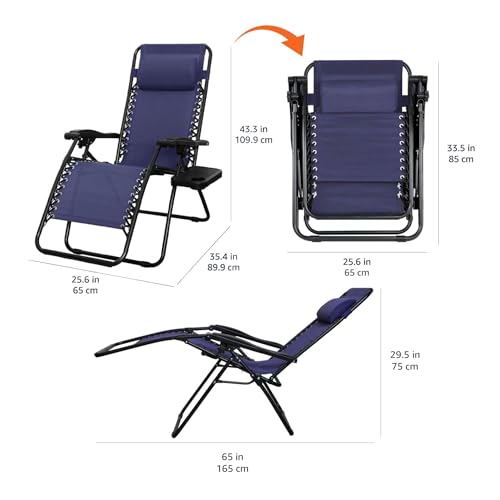 Amazon Basics Outdoor Adjustable Zero Gravity Folding Reclining Lounge Chair with Cup Holder, Headrest Pillow, Detachable Side Table, Weather Resistant, Set of 2, Blue view 3