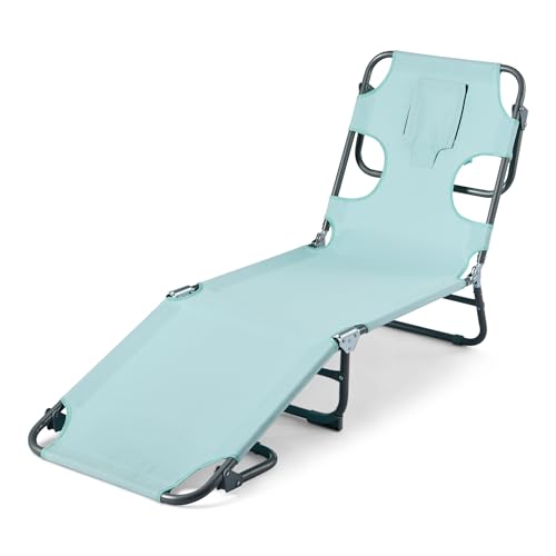 Amazon Basics Outdoor Lounge Chair, Foldable Design with Multi-Angle Backrest, Quick-Drying Polyester Fabric, Portable with Carry Strap, Blue, 1-Pack