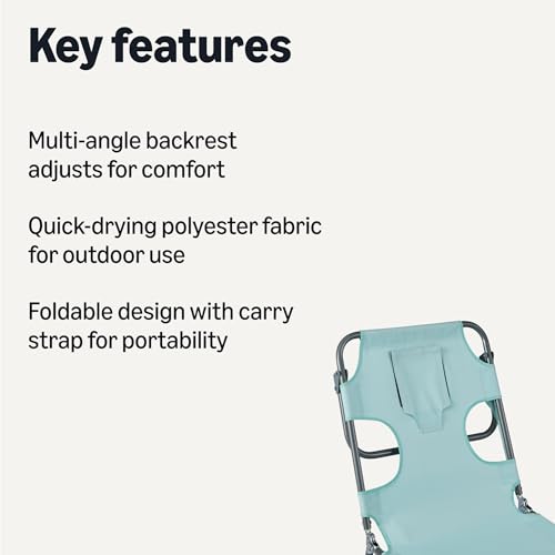 Amazon Basics Outdoor Lounge Chair, Foldable Design with Multi-Angle Backrest, Quick-Drying Polyester Fabric, Portable with Carry Strap, Blue, 1-Pack view 3