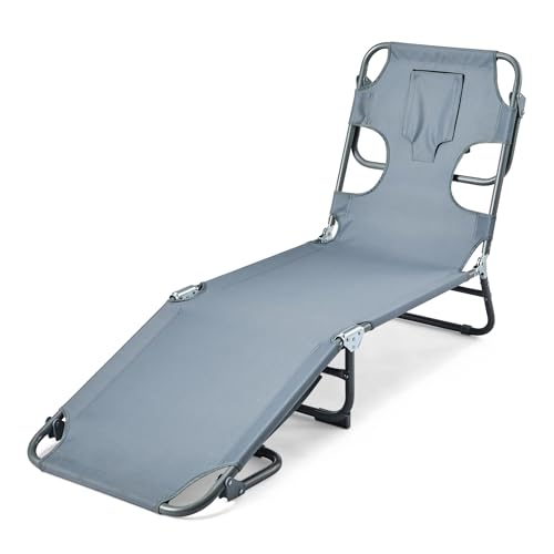 Amazon Basics Outdoor Lounge Chair, Foldable Design with Multi-Angle Backrest, Quick-Drying Polyester, Portable with Carry Strap, Grey