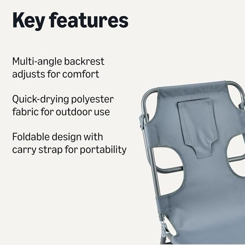 Amazon Basics Outdoor Lounge Chair, Foldable Design with Multi-Angle Backrest, Quick-Drying Polyester, Portable with Carry Strap, Grey view 3