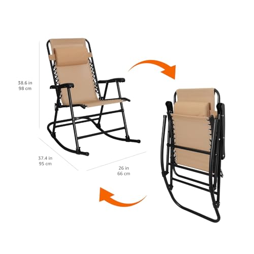Amazon Basics Outdoor Patio Folding Reclining Lounge Rocking Chair with Pillow, Affordable Folding Chairs for Outside, Beige, 33.6 x 37.4 x 26 inch