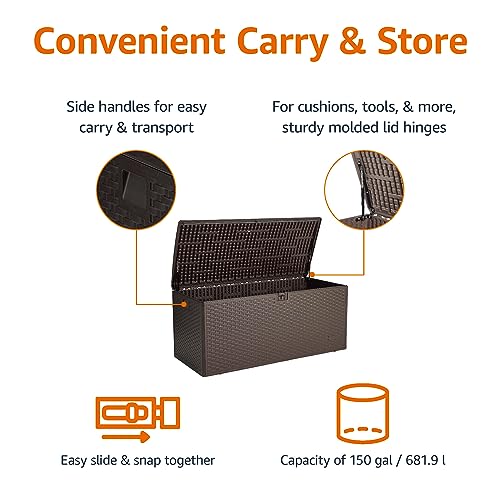 Amazon Basics Outdoor Patio Storage Box 150 Gallon Deck Box, Waterproof and Weather-resistant, Furniture Cushions Garden Tools, Brown