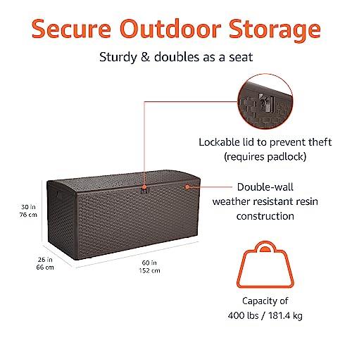 Amazon Basics Outdoor Patio Storage Box 150 Gallon Deck Box, Waterproof and Weather-resistant, Furniture Cushions Garden Tools, Brown