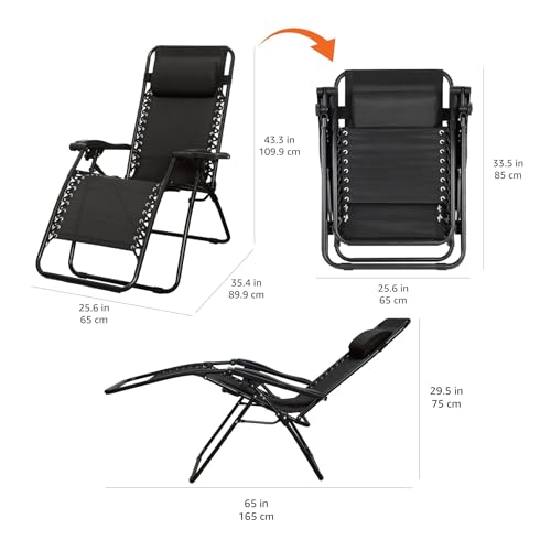 Amazon Basics Outdoor Patio Zero Gravity Lounge Chair with Pillow, Folding Reclining and Textilene Adjustable, Folding Lounge Lawn Chairs for Outside, 26", Black