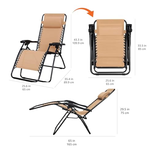 Amazon Basics Outdoor Patio Zero Gravity Lounge Chair with Pillow, Folding Reclining and Textilene Adjustable, Folding Lounge Lawn Chairs for Outside, 26", Beige