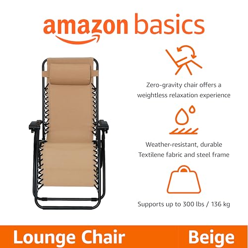 Amazon Basics Outdoor Patio Zero Gravity Lounge Chair with Pillow, Folding Reclining and Textilene Adjustable, Folding Lounge Lawn Chairs for Outside, 26", Beige