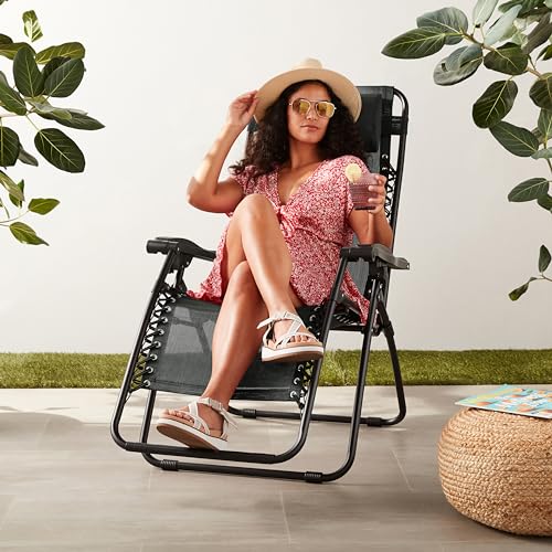 Amazon Basics Outdoor Patio Zero Gravity Portable Folding Reclining Lounge Chair with Padded Headrest Pillow, Weather Resistant Textilene, 26", Black view 2