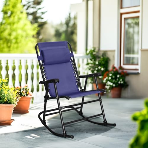 Amazon Basics Outdoor Portable Folding Rocking Chair with Headrest, Ergonomic Design, Weather-resistant Textilene Fabric for Porch, Blue view 2