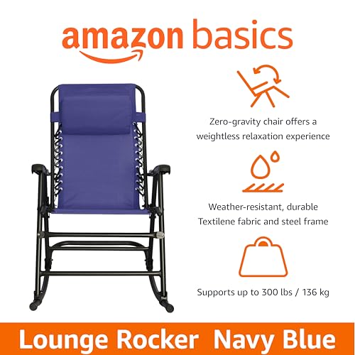 Amazon Basics Outdoor Portable Folding Rocking Chair with Headrest, Ergonomic Design, Weather-resistant Textilene Fabric for Porch, Blue view 3