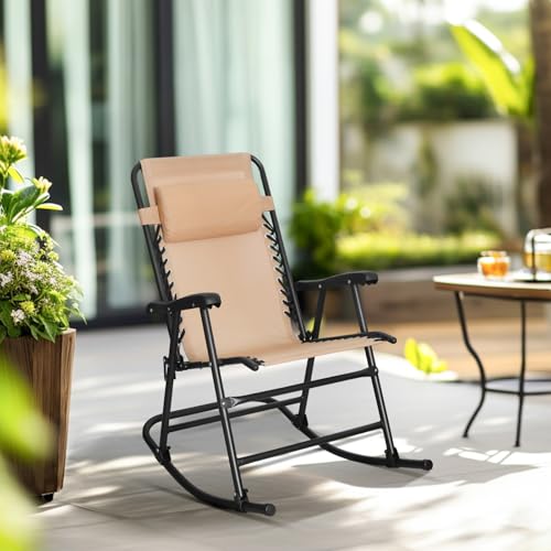 Amazon Basics Outdoor Portable Folding Rocking Chair with Headrest, Ergonomic Design, Weather-resistant Patio Reclining Lounge Chair for Porch, 33.6 x 37.4 x 26 inch, Beige view 2