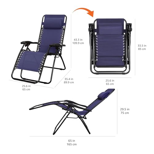 Amazon Basics Outdoor Portable Zero Gravity Reclining Lounge Chair with Headrest Pillow, Textilene, Lightweight, 26", Blue view 3