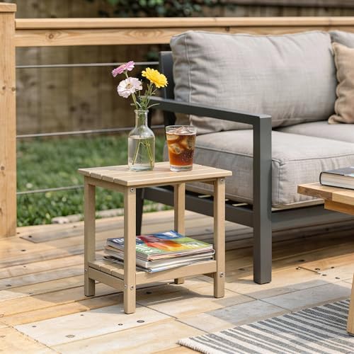 Amazon Basics Outdoor Side Table with Lower Shelf, Weather-Resistant Stainless Steel Hardware, 41.91cm x 32cm x 41.91cm, Brown, 1-Pack view 2