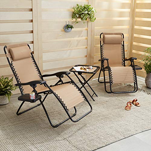 Amazon Basics Outdoor Textilene Adjustable Zero Gravity Folding Reclining Lounge Chair Set with Cup Holder, Side Table, Headrest, Weather-Resistant, 35 x 26 x 43 inches, Beige, 2-Pack view 2