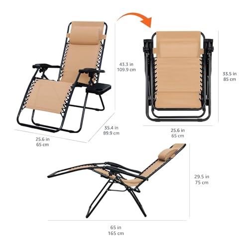 Amazon Basics Outdoor Textilene Adjustable Zero Gravity Folding Reclining Lounge Chair Set with Cup Holder, Side Table, Headrest, Weather-Resistant, 35 x 26 x 43 inches, Beige, 2-Pack view 3