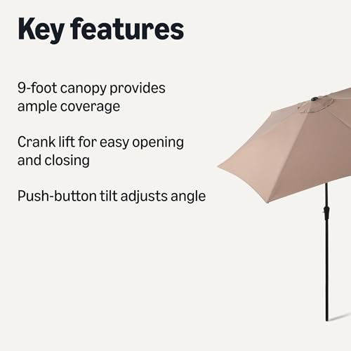 Amazon Basics Patio Umbrella with Crank Lift and Push Button Tilt, 9 Foot, Tan, Aluminum Pole, Steel Ribs view 2