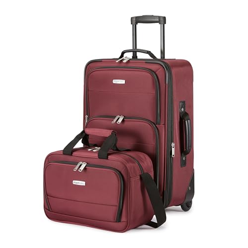 Amazon Basics 2-Piece Softside Luggage Set, 23-Inch Expandable Suitcase with Wheels and 15-Inch Tote, Front Pockets, Telescopic Handle, Burgundy