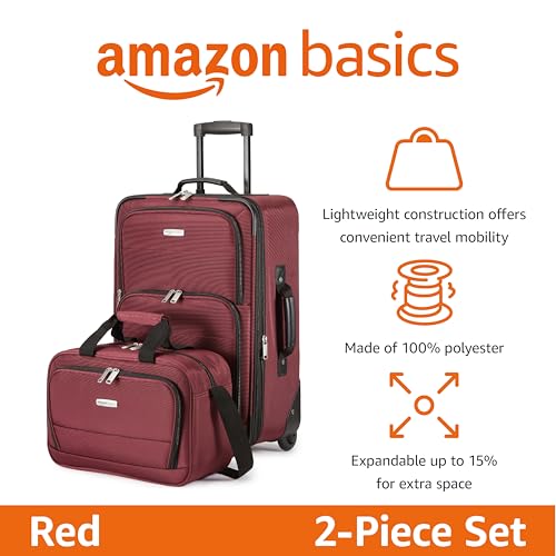 Amazon Basics 2-Piece Softside Luggage Set, 23-Inch Expandable Suitcase with Wheels and 15-Inch Tote, Front Pockets, Telescopic Handle, Burgundy view 2