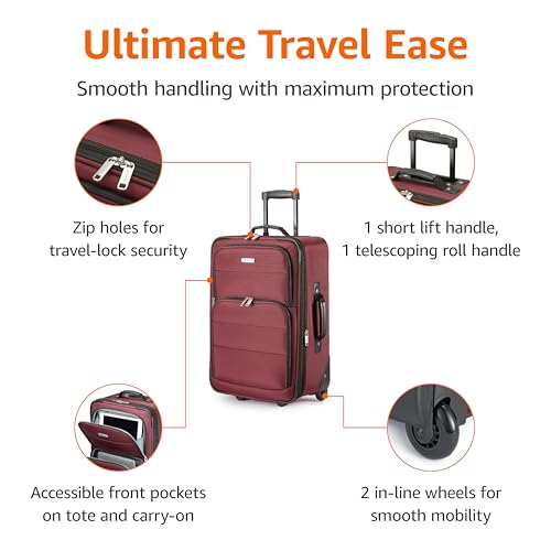 Amazon Basics 2-Piece Softside Luggage Set, 23-Inch Expandable Suitcase with Wheels and 15-Inch Tote, Front Pockets, Telescopic Handle, Burgundy view 3