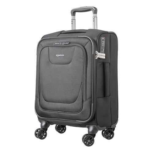 Amazon Basics 20" Luggage, Softside Suitcase With TSA Lock, 8 Spinner Wheels, Front Exterior Pocket, 3 Interior Pockets For Dry and Damp Clothes/Towels Separately, Black