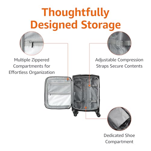 Amazon Basics 20" Luggage, Softside Suitcase With TSA Lock, 8 Spinner Wheels, Front Exterior Pocket, 3 Interior Pockets For Dry and Damp Clothes/Towels Separately, Black