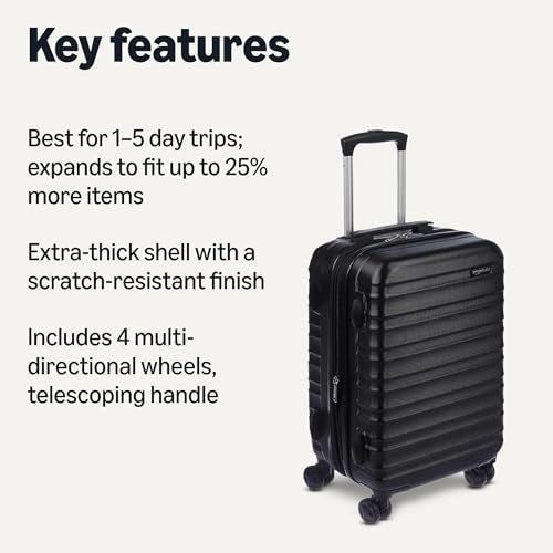 Amazon Basics 21" Hardside Carry-On Luggage with Spinner Wheels, Expandable for Up to 25% More Space, Scratch-Resistant Hard Shell, Telescoping Handle, Black view 2
