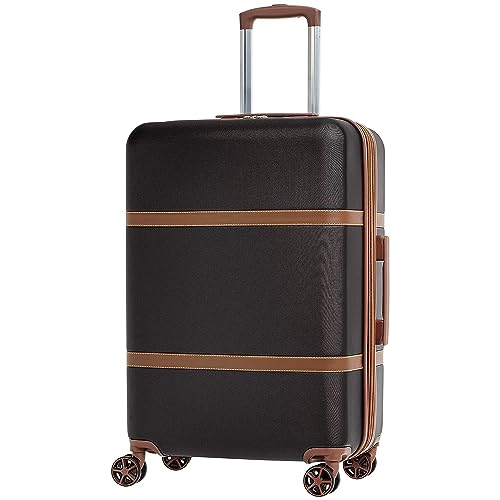 Amazon Basics 24-inch Hardside Checked Luggage With Leather Detailing, Expandable Spinner Suitcase With 4 double Wheels, Scratch-Resistant Surface, Black
