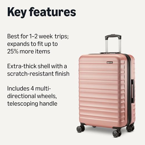 Amazon Basics 26" Hardside Medium Checked Luggage, Expandable Hardshell Suitcase with Telescoping Handle, Scratch-Resistant Surface, Four Multi-directional Wheels, Rose Gold view 2