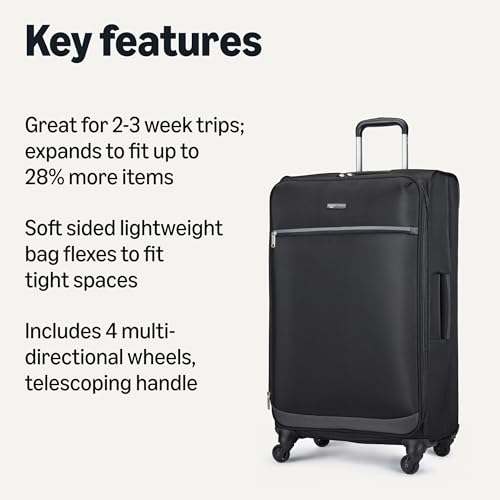 Amazon Basics 28" Large Checked Softside Expandable Suitcase with 360-Degree Multi-directional Spinner Wheels, Expandable Capacity, Zippered Pockets, Telescoping Handle, Black view 2