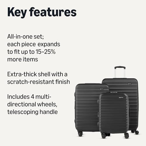 Amazon Basics 3-Piece Hardshell Luggage Set (21", 26", 30"), Scratch-Resistant Expandable Suitcases with Multi-directional Wheels and Telescoping Handle, Black view 2