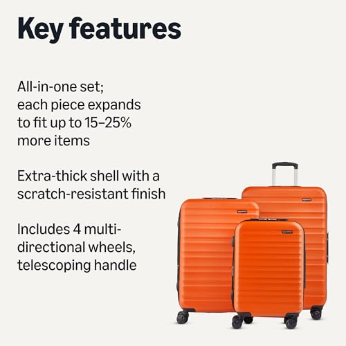 Amazon Basics 3-Piece Hardshell Spinner Luggage Set (21", 26", 30"), Expandable, Scratch-Resistant Surface, Four Multi-directional Wheels, Orange view 2
