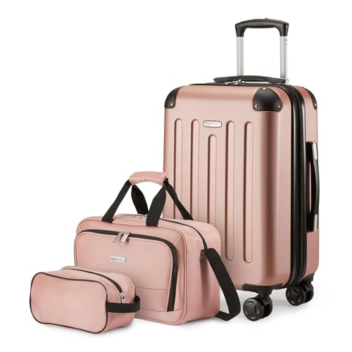 Amazon Basics 3-Piece Luggage Set, Including Carry-On Luggage (22" Expandable Hardside Suitcase With 8 Spinner Wheels), 15" Tote Bag, and 10" Compact Travel Bag, Rose Gold