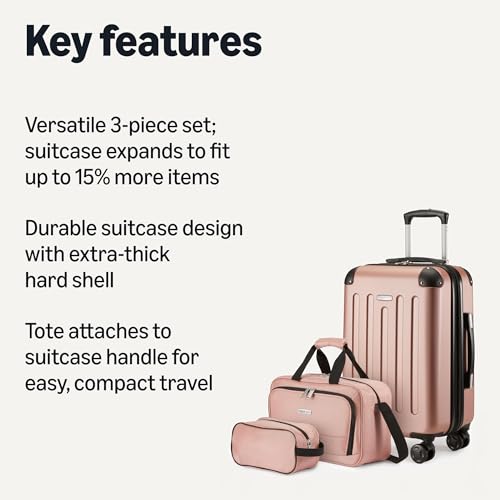 Amazon Basics 3-Piece Luggage Set, Including Carry-On Luggage (22" Expandable Hardside Suitcase With 8 Spinner Wheels), 15" Tote Bag, and 10" Compact Travel Bag, Rose Gold