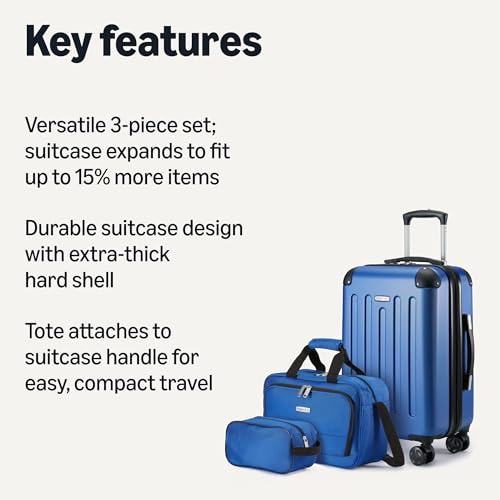 Amazon Basics 3-Piece Luggage Set with Spinner Wheels, Including 22" Expandable Hardside Suitcase, 15-inch Tote Bag, and 10-inch Compact Travel Bag, Navy Blue view 2