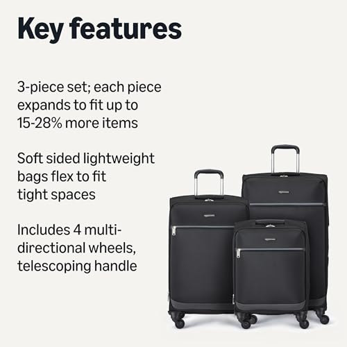 Amazon Basics 3-Piece Set (21", 23", 28"), Softside Suitcases With Wheels, With Four 360-Degree Multi-directional Spinner Wheels, Expandable Space, Zippered Pocket and Straps, Telescopic Handle, Black