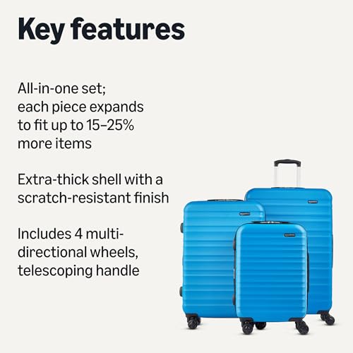 Amazon Basics 3-Piece Set (21", 26", 30"), Hardshell Suitcases With Wheels, Expandable For Up to 25% More Space, With Scratch-Resistant Surface, Four Multi-directional Wheels, Light Blue