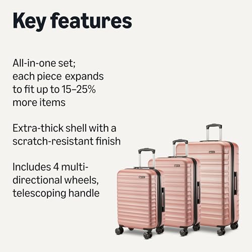 Amazon Basics 3-Piece Set (21", 26", 30"), Hardshell Suitcases With Wheels, Expandable For Up to 25% More Space, With Scratch-Resistant Surface, Four Multi-directional Wheels, Rose Gold