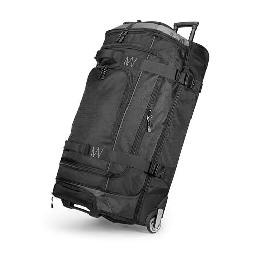 Amazon Basics 30-Inch Large Rolling Duffle Bag with Wheels and Handle, Travel Duffle Bag with Durable Ripstop Polyester Material, 2 Layers of Space, Multiple Interior and Exterior Pockets, Black