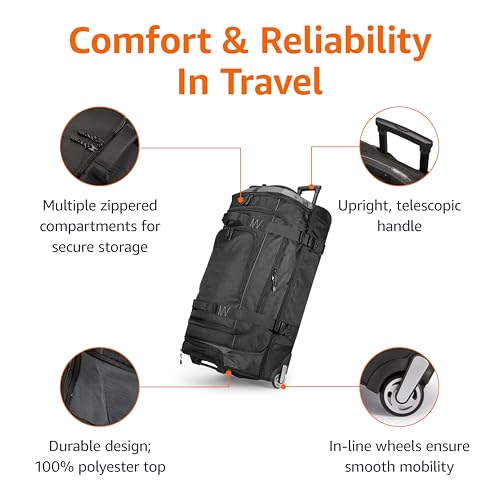 Amazon Basics 30-Inch Large Rolling Duffle Bag with Wheels and Handle, Travel Duffle Bag with Durable Ripstop Polyester Material, 2 Layers of Space, Multiple Interior and Exterior Pockets, Black