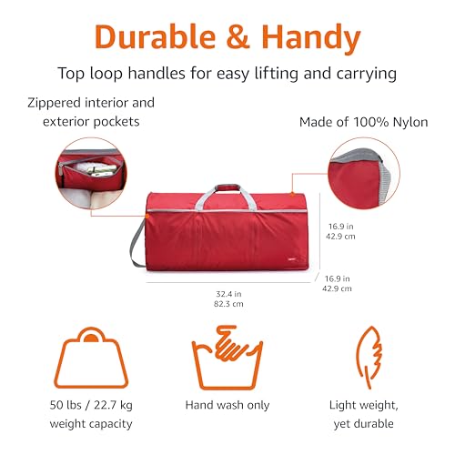 Amazon Basics 32" Extra Large Foldable Duffle Bag for Travel & Storage, with Exterior/Interior Zippered Pockets, Lightweight/Durable Nylon Material, 50-LBS Capacity, 9254 Cubic Inch (150L), Red