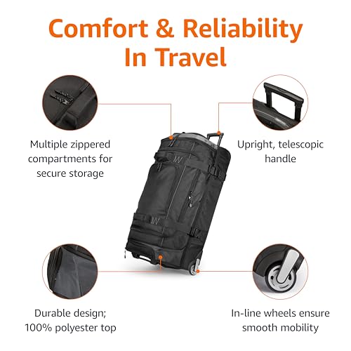 Amazon Basics 35-inch Large Rolling Duffel Bag with Wheels and Handle, Travel Duffle with Durable Ripstop Polyester Material, 2 Layers of Storage Space, Multiple Interior and Exterior Pockets, Black view 2
